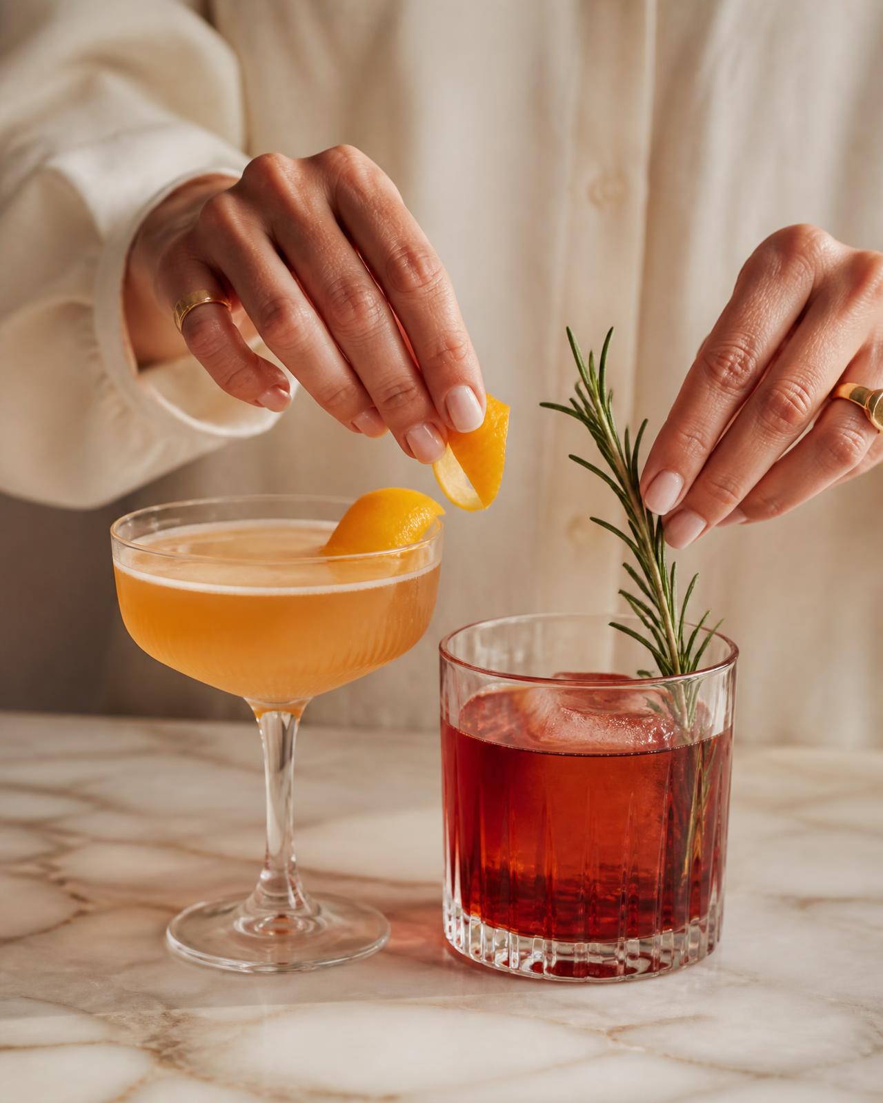 Hands garnishing two handcrafted cocktails on a marble bar